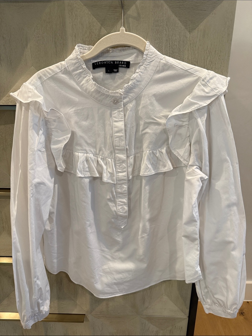 Veronica Beard White Ruffle-Trim Button-Front Blouse